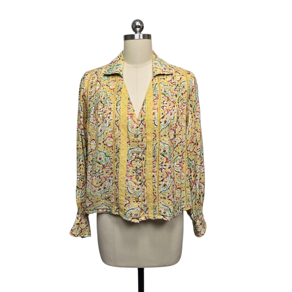Pilcro Anthropologie Yellow Paisley Lace Trimmed Long Sleeve Blouse Womens Small